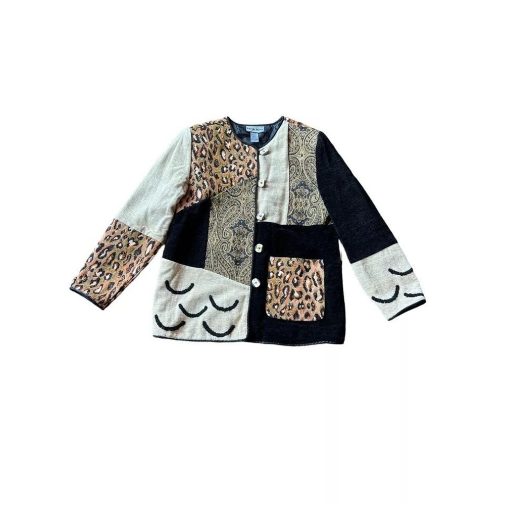 Vintage Indigo Moon Small Button Front Cardigan Sweater Mixed Media Animal Print